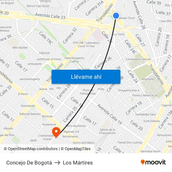 Concejo De Bogotá to Los Mártires map