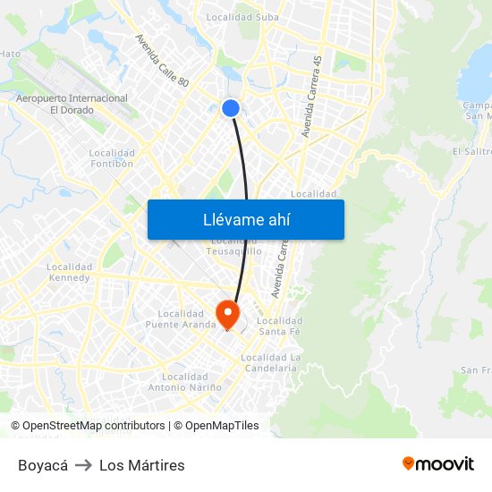 Boyacá to Los Mártires map