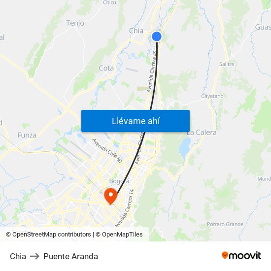 Chia to Puente Aranda map