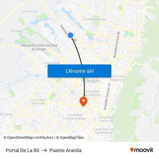 Portal De La 80 to Puente Aranda map