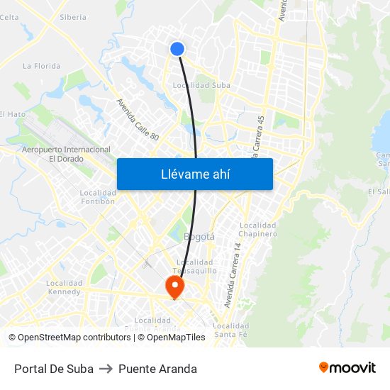 Portal De Suba to Puente Aranda map