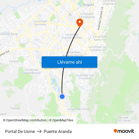 Portal De Usme to Puente Aranda map