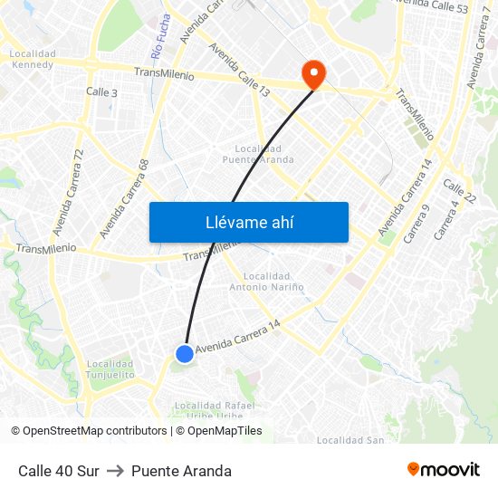 Calle 40 Sur to Puente Aranda map
