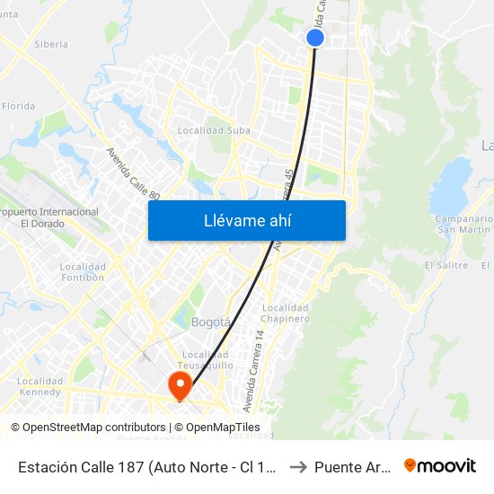 Estación Calle 187 (Auto Norte - Cl 187 Bis) (A) to Puente Aranda map