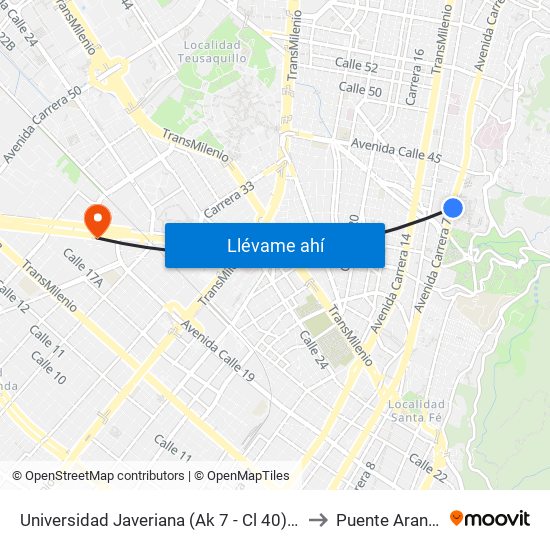 Universidad Javeriana (Ak 7 - Cl 40) (B) to Puente Aranda map