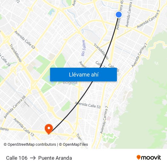 Calle 106 to Puente Aranda map