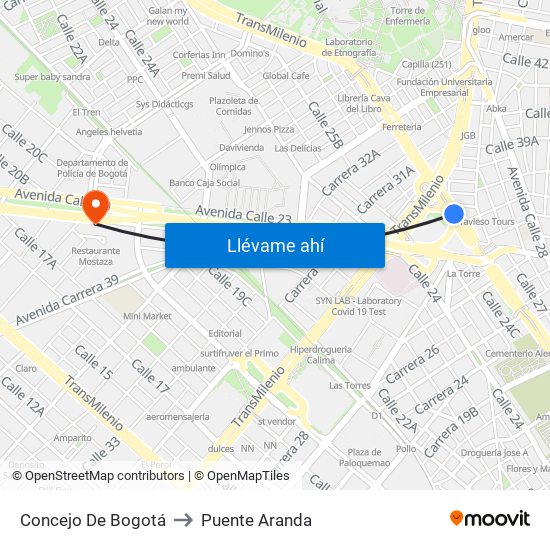 Concejo De Bogotá to Puente Aranda map