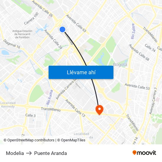 Modelia to Puente Aranda map