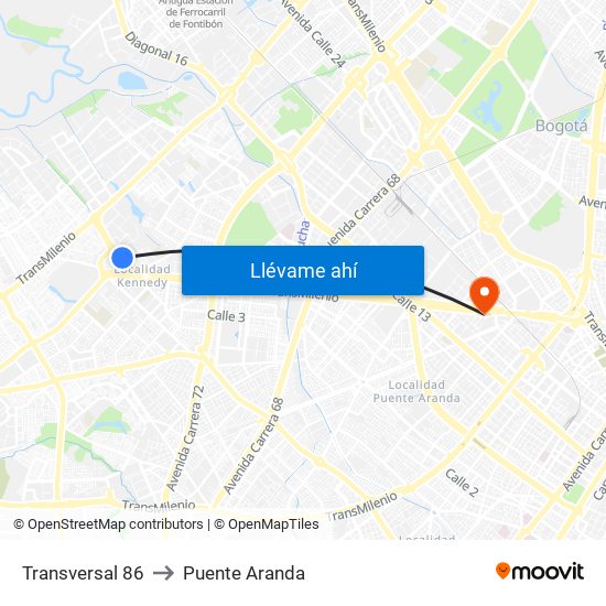 Transversal 86 to Puente Aranda map