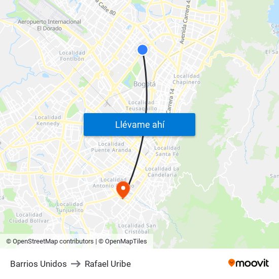 Barrios Unidos to Rafael Uribe map