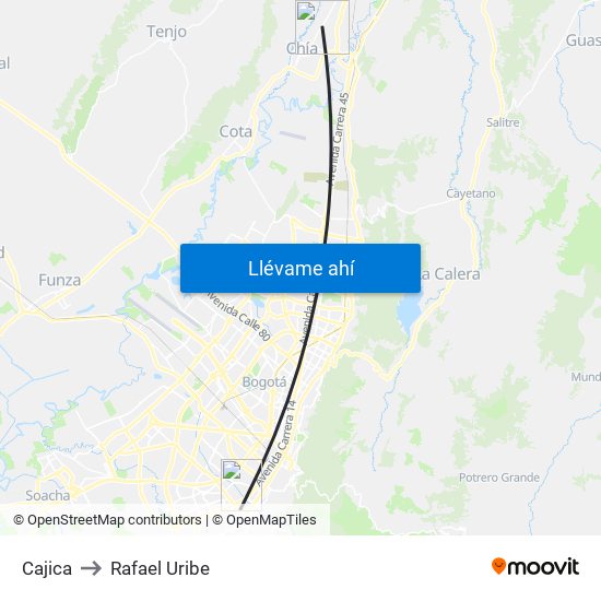 Cajica to Rafael Uribe map