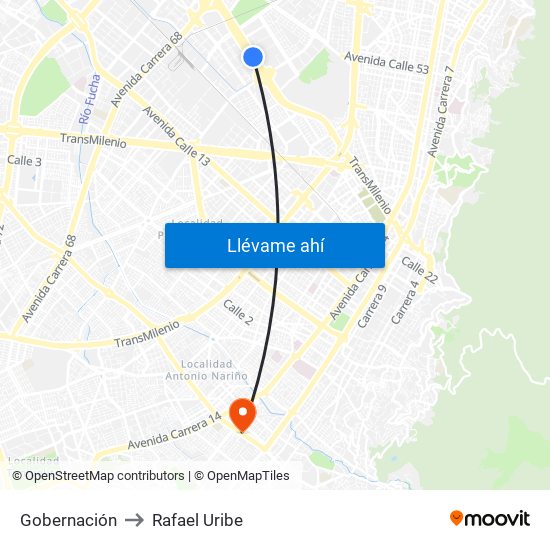 Gobernación to Rafael Uribe map
