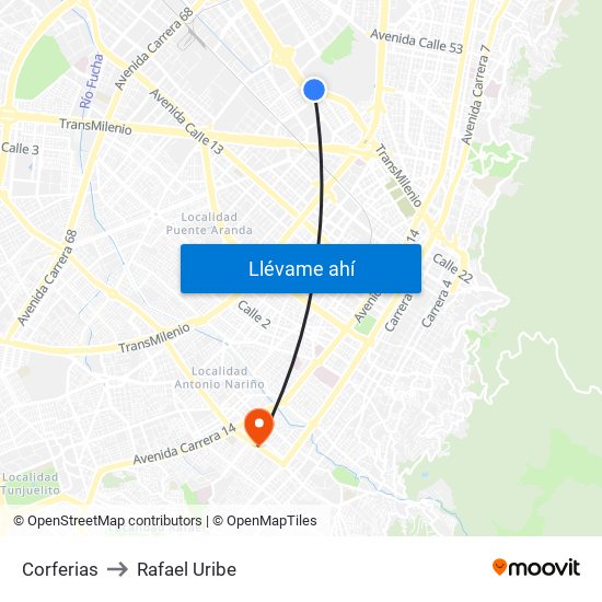 Corferias to Rafael Uribe map