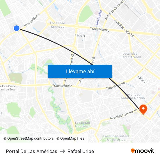 Portal De Las Américas to Rafael Uribe map