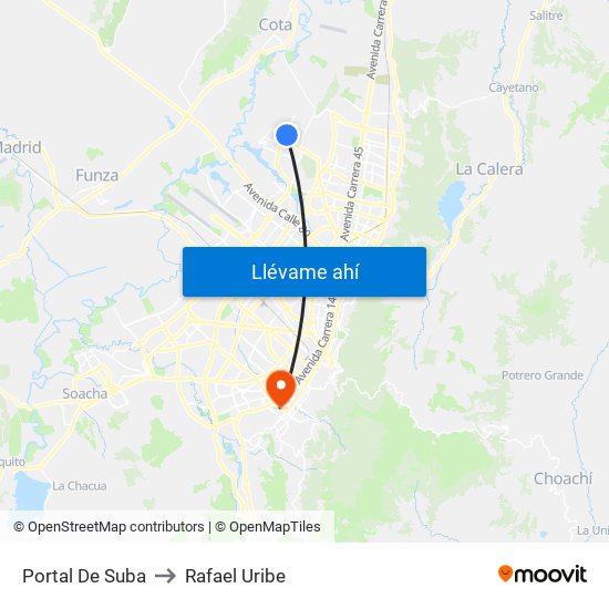 Portal De Suba to Rafael Uribe map