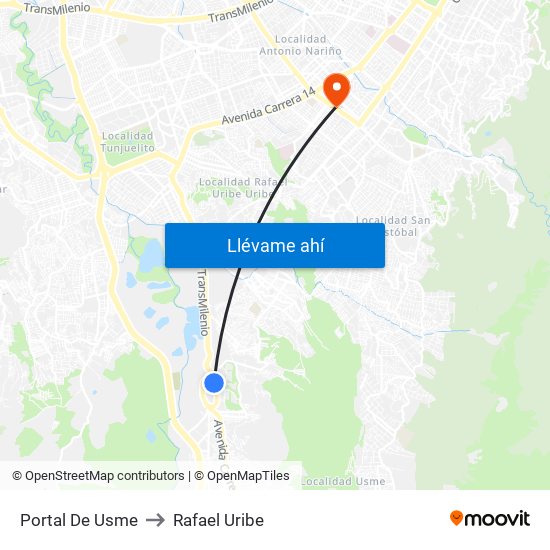 Portal De Usme to Rafael Uribe map