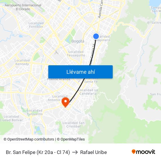 Br. San Felipe (Kr 20a - Cl 74) to Rafael Uribe map