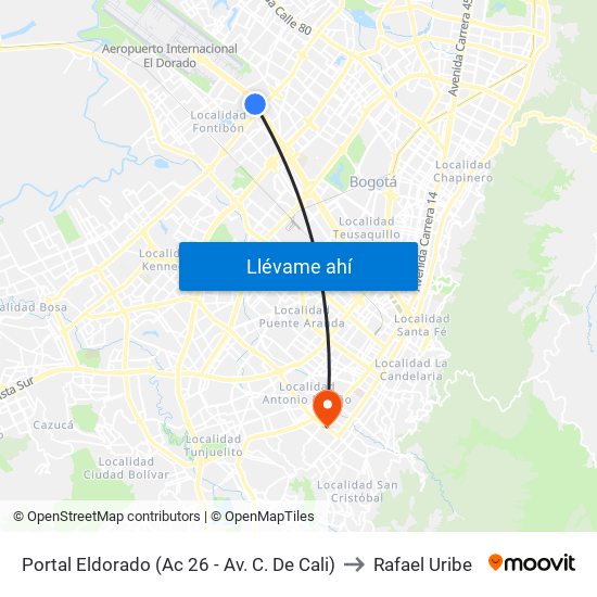 Portal Eldorado (Ac 26 - Av. C. De Cali) to Rafael Uribe map