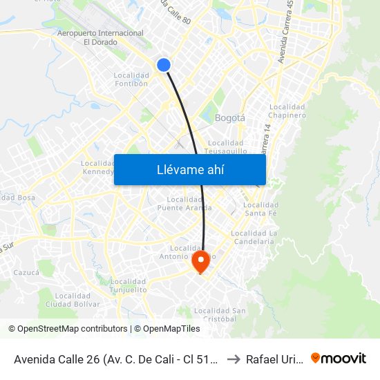 Avenida Calle 26 (Av. C. De Cali - Cl 51) (A) to Rafael Uribe map