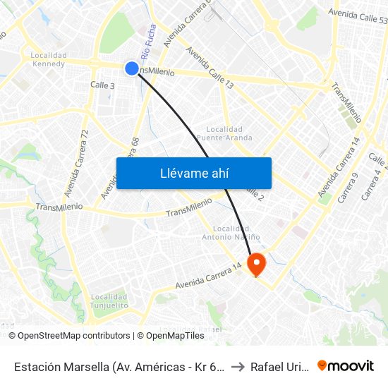 Estación Marsella (Av. Américas - Kr 69b) to Rafael Uribe map