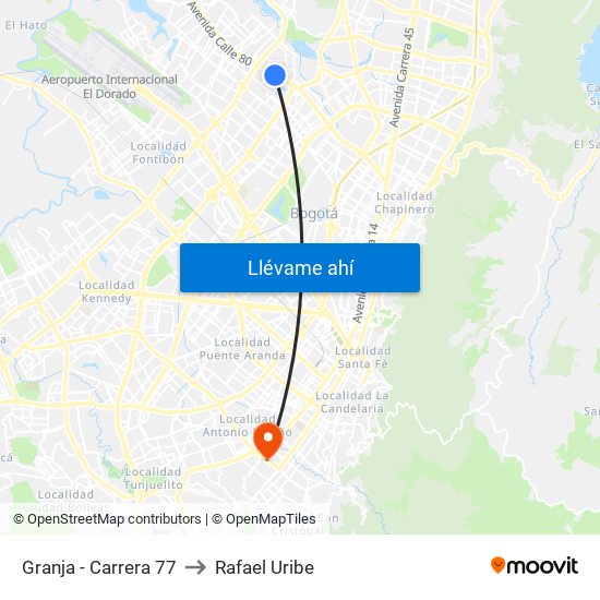 Granja - Carrera 77 to Rafael Uribe map