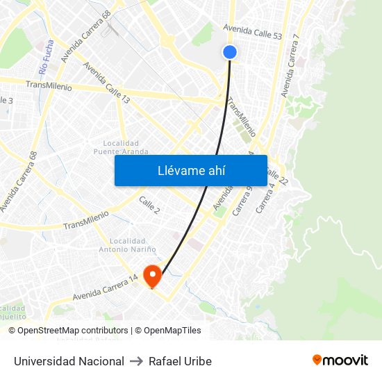 Universidad Nacional to Rafael Uribe map