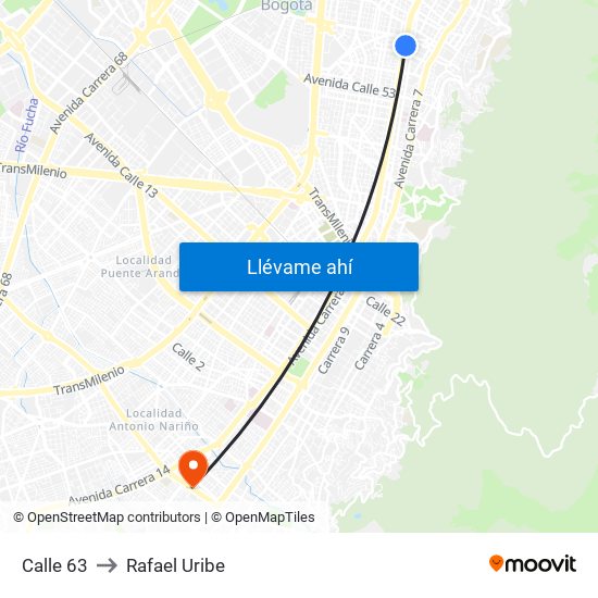 Calle 63 to Rafael Uribe map