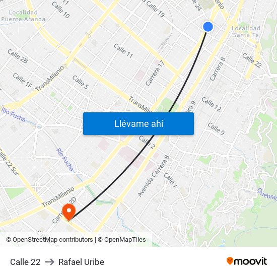 Calle 22 to Rafael Uribe map