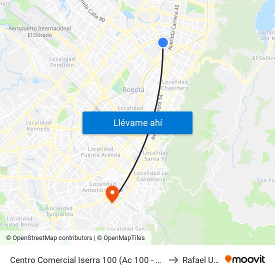 Centro Comercial Iserra 100 (Ac 100 - Kr 54) (B) to Rafael Uribe map