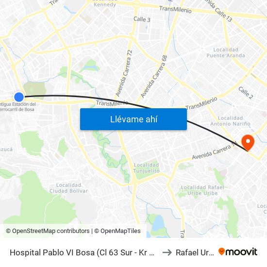 Hospital Pablo VI Bosa (Cl 63 Sur - Kr 77g) (A) to Rafael Uribe map