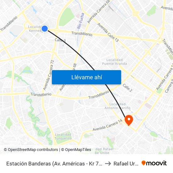 Estación Banderas (Av. Américas - Kr 78a) (A) to Rafael Uribe map
