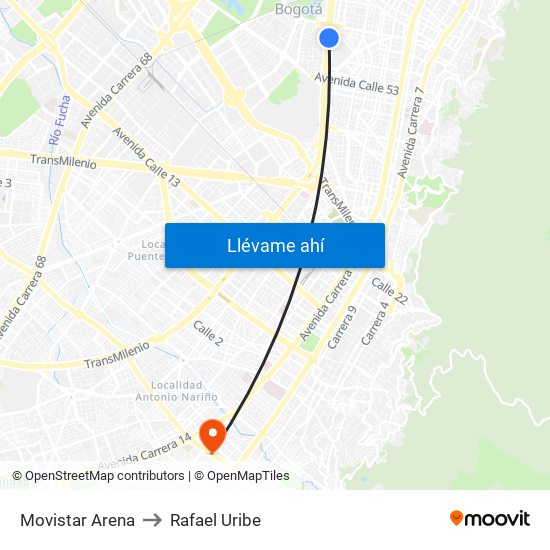 Movistar Arena to Rafael Uribe map