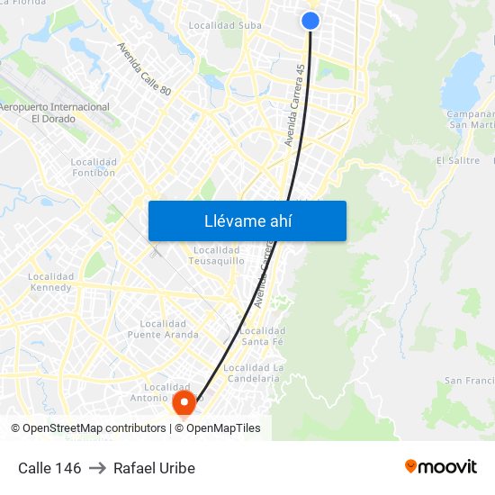 Calle 146 to Rafael Uribe map