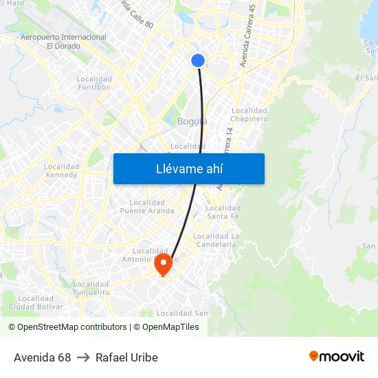 Avenida 68 to Rafael Uribe map
