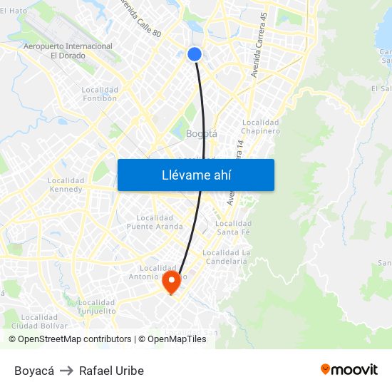 Boyacá to Rafael Uribe map