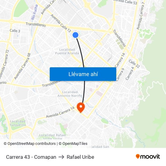 Carrera 43 - Comapan to Rafael Uribe map