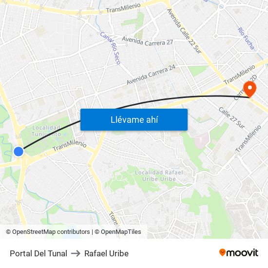 Portal Del Tunal to Rafael Uribe map