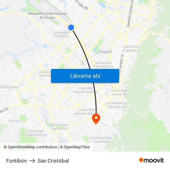 Fontibón to San Cristóbal map