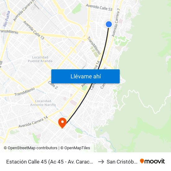 Estación Calle 45 (Ac 45 - Av. Caracas) to San Cristóbal map