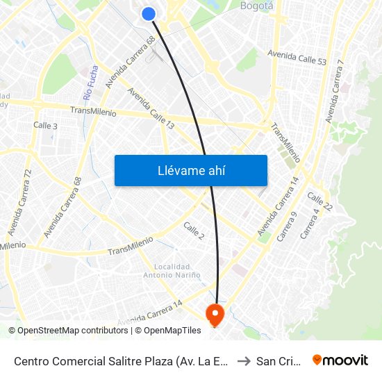 Centro Comercial Salitre Plaza (Av. La Esperanza - Kr 68b) to San Cristóbal map