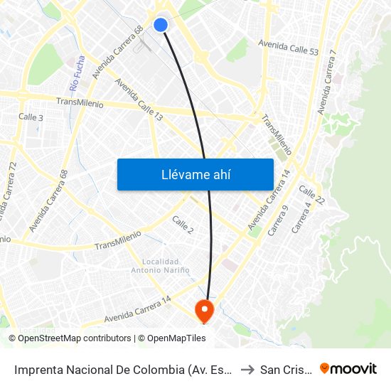 Imprenta Nacional De Colombia (Av. Esperanza - Kr 66) to San Cristóbal map