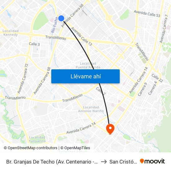 Br. Granjas De Techo (Av. Centenario - Kr 65) to San Cristóbal map