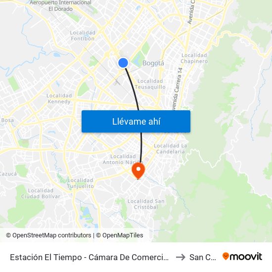 Estación El Tiempo - Cámara De Comercio De Bogotá (Ac 26 - Kr 68b Bis) to San Cristóbal map