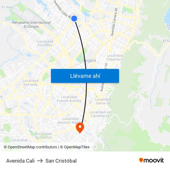 Avenida Cali to San Cristóbal map