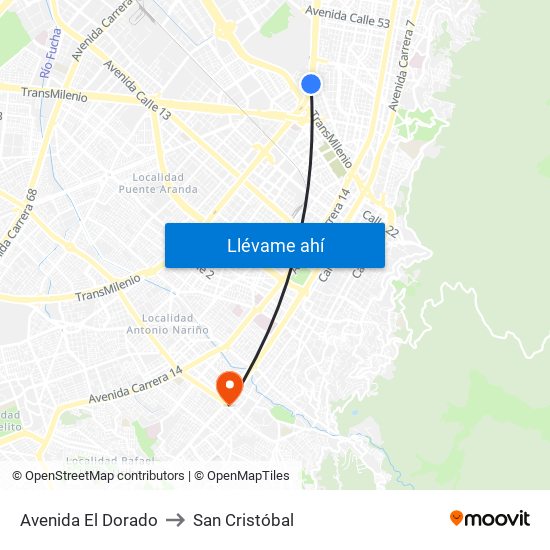 Avenida El Dorado to San Cristóbal map