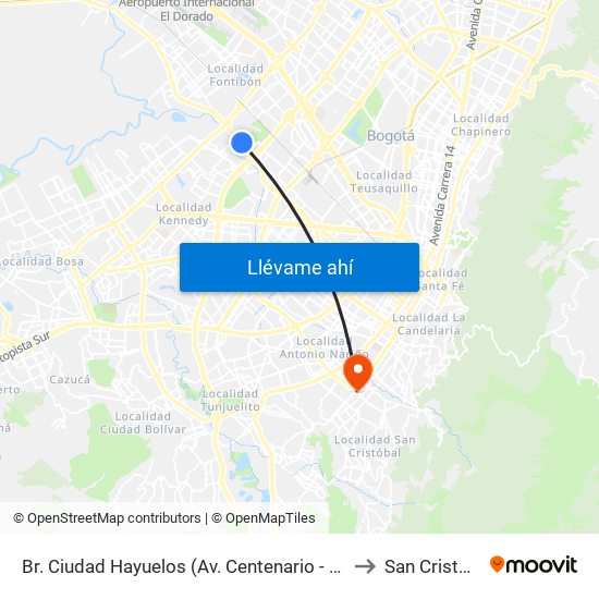 Br. Ciudad Hayuelos (Av. Centenario - Kr 78g) to San Cristóbal map