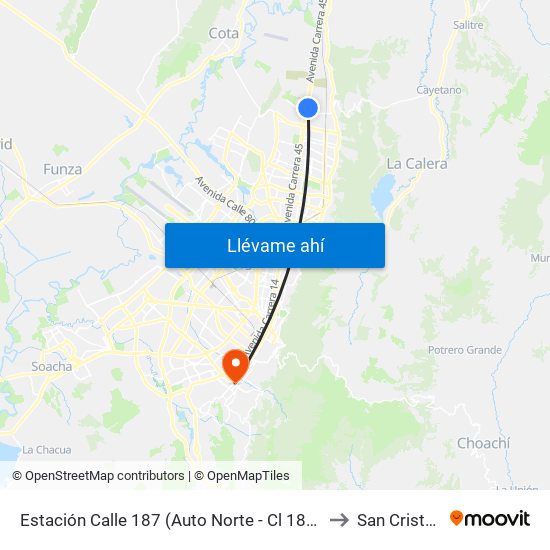 Estación Calle 187 (Auto Norte - Cl 187 Bis) (A) to San Cristóbal map