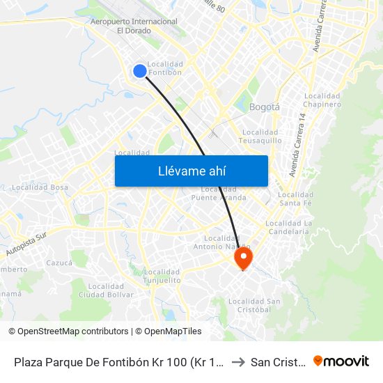 Plaza Parque De Fontibón Kr 100 (Kr 100 - Cl 17a) to San Cristóbal map
