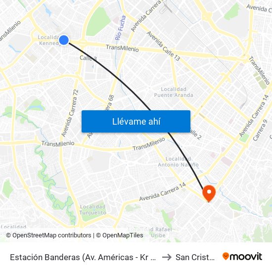 Estación Banderas (Av. Américas - Kr 78a) (A) to San Cristóbal map