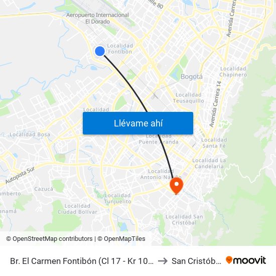 Br. El Carmen Fontibón (Cl 17 - Kr 100) to San Cristóbal map